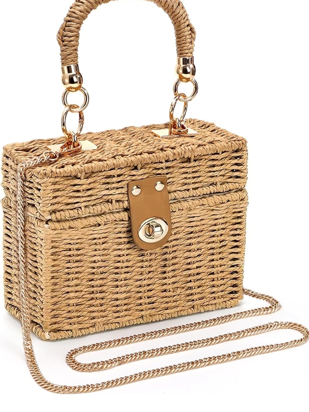 Woven Straw Box Bag With Gold Hardware - Natural